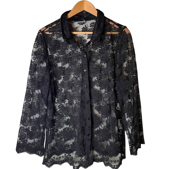 Tops - Womens Black Floral Sheer Lace Button Down Long Sleeve Shirt Large Scallop Hem